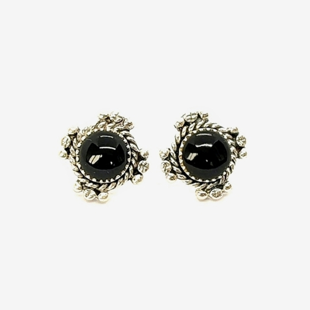 Vintage 925 Sterling Silver Black Onyx Filigree Stud Earrings NOS 18mm